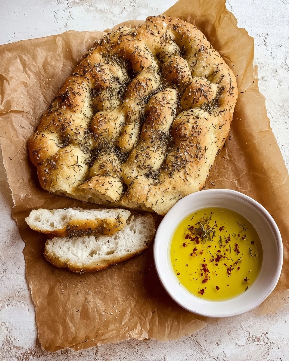 A loaf of focaccia bread with a bumpy, golden-top surface sprinkled with dried herbs lies on brown parchment paper, resting on a white marbled texture. The bread is sliced on one side, showing its soft, light beige inside with a slightly crusty edge. Next to the bread on the right is a small white bowl filled with yellow olive oil mixed with herbs and spices, with some oil spilled slightly on the parchment. The scene is bright and rustic. photo taken with an iphone --ar 4:5 --v 7