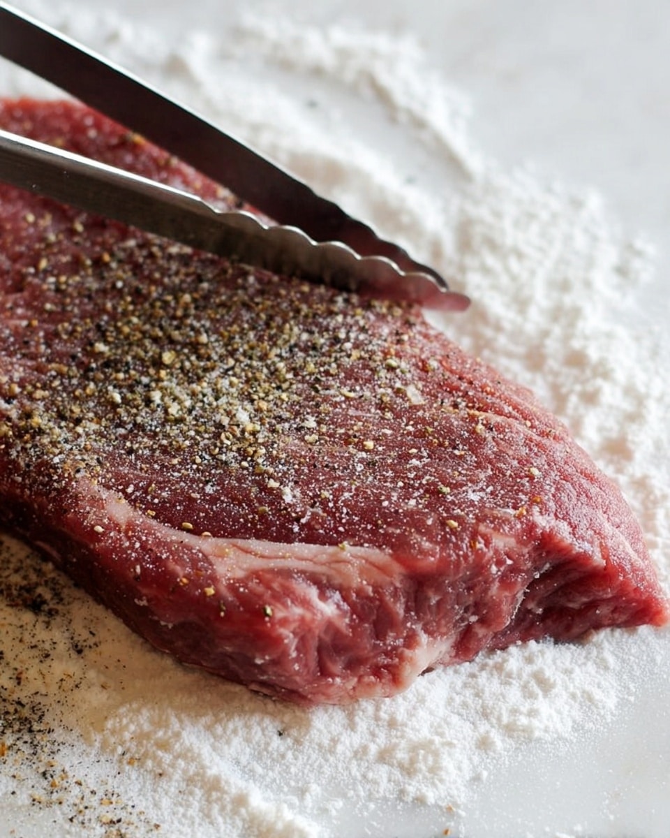 A close-up image of a raw piece of red meat with visible marbling on its surface, lying flat on a white marbled textured surface dusted with white flour. The meat has a sprinkling of coarse black and light tan seasoning on top, giving a speckled look. A pair of metal tongs is positioned at the left edge of the meat, gripping it slightly from above, showing texture and detail in the meat’s fibers. The scene is softly lit, highlighting the meat’s moist texture and marbling, with the white marbled background providing contrast. photo taken with an iphone --ar 4:5 --v 7
