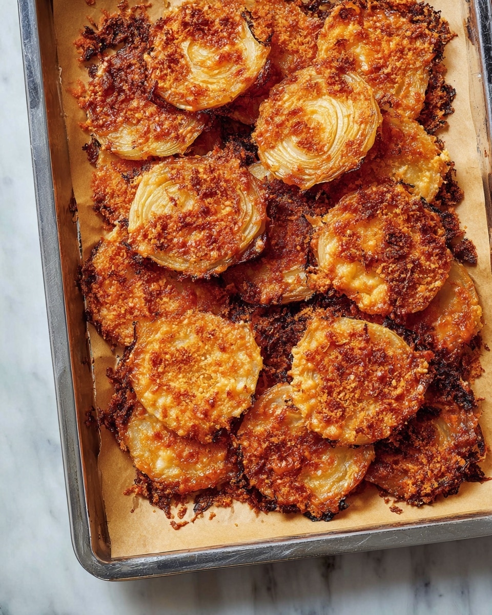 A metal baking tray filled with round, crispy layered onion slices covered in melted golden-brown cheese with some darker browned and slightly burnt edges, sitting on light brown parchment paper, the onion layers showing a mix of light yellow and deep orange colors with a textured, bubbly cheese crust all around. The tray is placed on a white marbled surface photo taken with an iphone --ar 4:5 --v 7