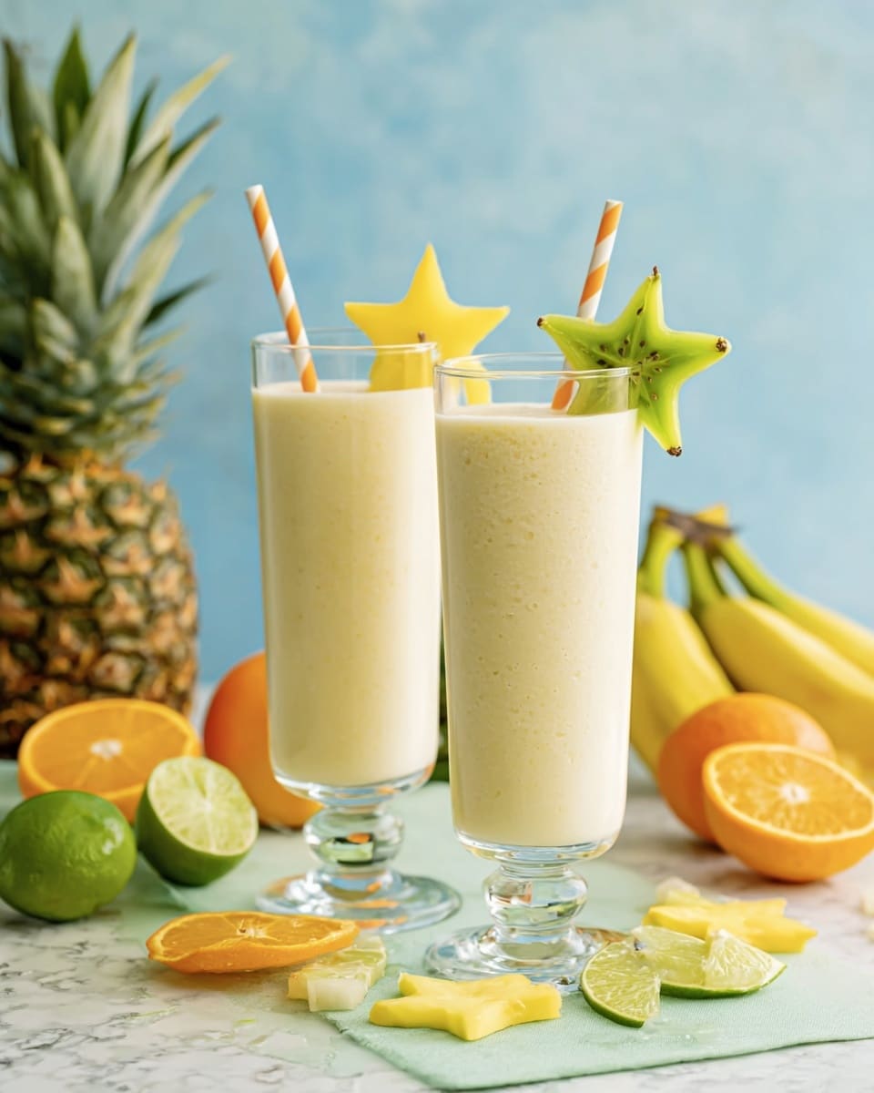 Two tall clear glasses filled with a creamy light yellow smoothie are placed side by side on a pale green surface. Each glass has a striped orange and white straw and is decorated with a yellow pineapple slice and a green star-shaped slice of starfruit on the rim. Surrounding the glasses are fresh fruits: a whole pineapple, a bunch of yellow bananas, a halved green lime, a halved orange, and some starfruit slices scattered around. The background is soft blue and the surface is white marbled texture. Photo taken with an iphone --ar 4:5 --v 7