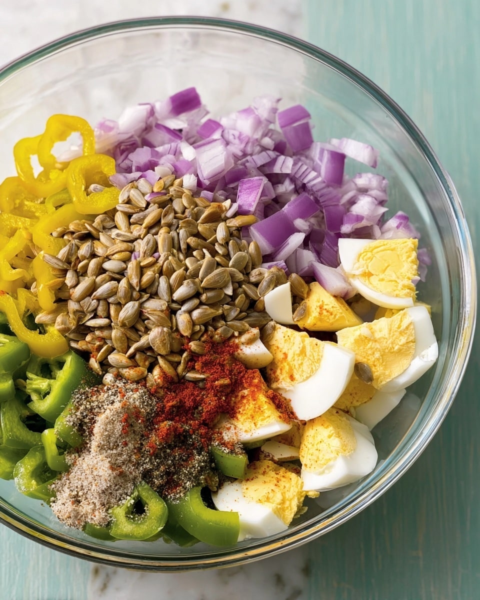 A clear glass bowl shows a colorful mix of ingredients layered inside. The bottom layer has chopped green bell peppers and yellow pepper rings on the right side. On top, there is a pile of golden brown toasted sunflower seeds mainly in the center bottom. Around the seeds, there are small chopped pieces of purple and white onions on the top left and top right sides. Near the top right, there are pieces of boiled eggs with bright yellow yolks and white edges. Scattered on the onions are small heaps of red paprika powder, light beige garlic powder, and black pepper powder. All of this sits on a white marbled surface. photo taken with an iphone --ar 4:5 --v 7