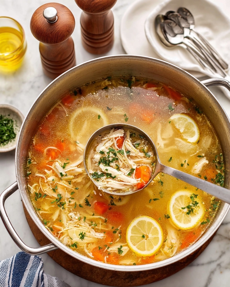 A large pot filled with clear golden broth soup that has shredded white chicken pieces, small orange carrot cubes, and tiny bits of green herbs floating throughout. On top, two round lemon slices rest neatly on the surface, lightly sprinkled with green herbs. A shiny metal ladle is scooping soup from the pot, revealing white chicken strands and orange carrots inside. The pot sits on a white marbled surface with two wooden pepper and salt shakers nearby. In the background, there are three silver spoons on a white plate and a small white dish with lemon slices visible, along with a glass container of oil and a cloth with blue and white stripes. Photo taken with an iphone --ar 4:5 --v 7