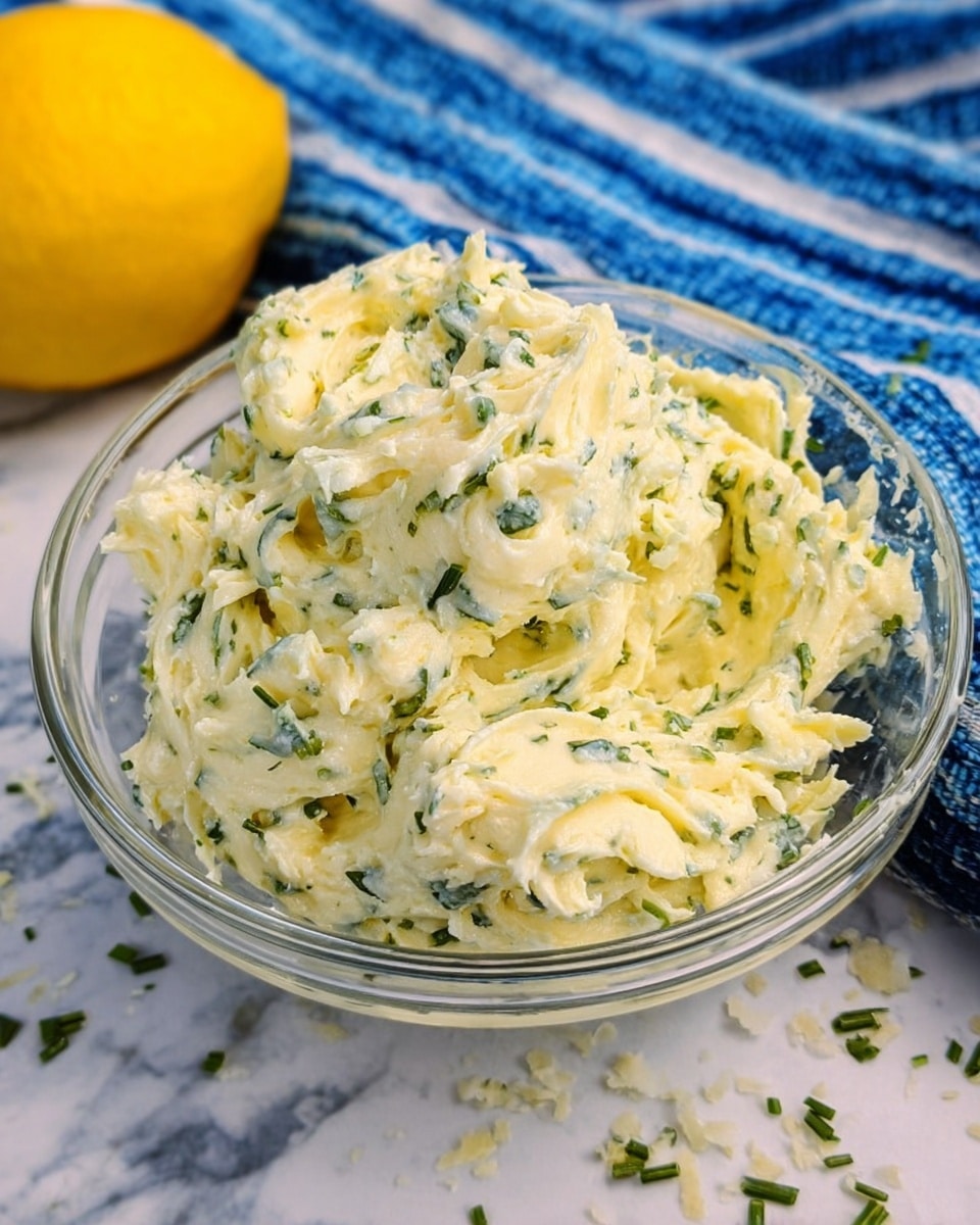 The image shows a clear glass bowl filled with a creamy, light yellow mixture that has small green herb pieces evenly spread throughout. The mixture has a soft, whipped texture with some peaks and swirls visible, placed on a white marbled surface. There is a yellow lemon and a blue-striped cloth nearby, adding color contrast to the scene. Small herb flakes are scattered lightly on the surface around the bowl. Photo taken with an iphone --ar 4:5 --v 7