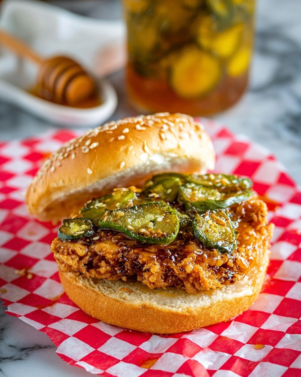 The image shows a sandwich with two main layers on a sesame seed bun: the bottom bun is light golden brown and soft, topped with a large piece of crispy fried chicken with a rough, crunchy texture in golden brown, covered with glistening slices of dark green pickles in a shiny sauce scattered unevenly. The sandwich is placed on red-and-white checkered paper, resting on a white marbled surface. In the background, there is a blurred jar filled with more pickled slices and a white dish with a honey dipper. Photo taken with an iphone --ar 4:5 --v 7