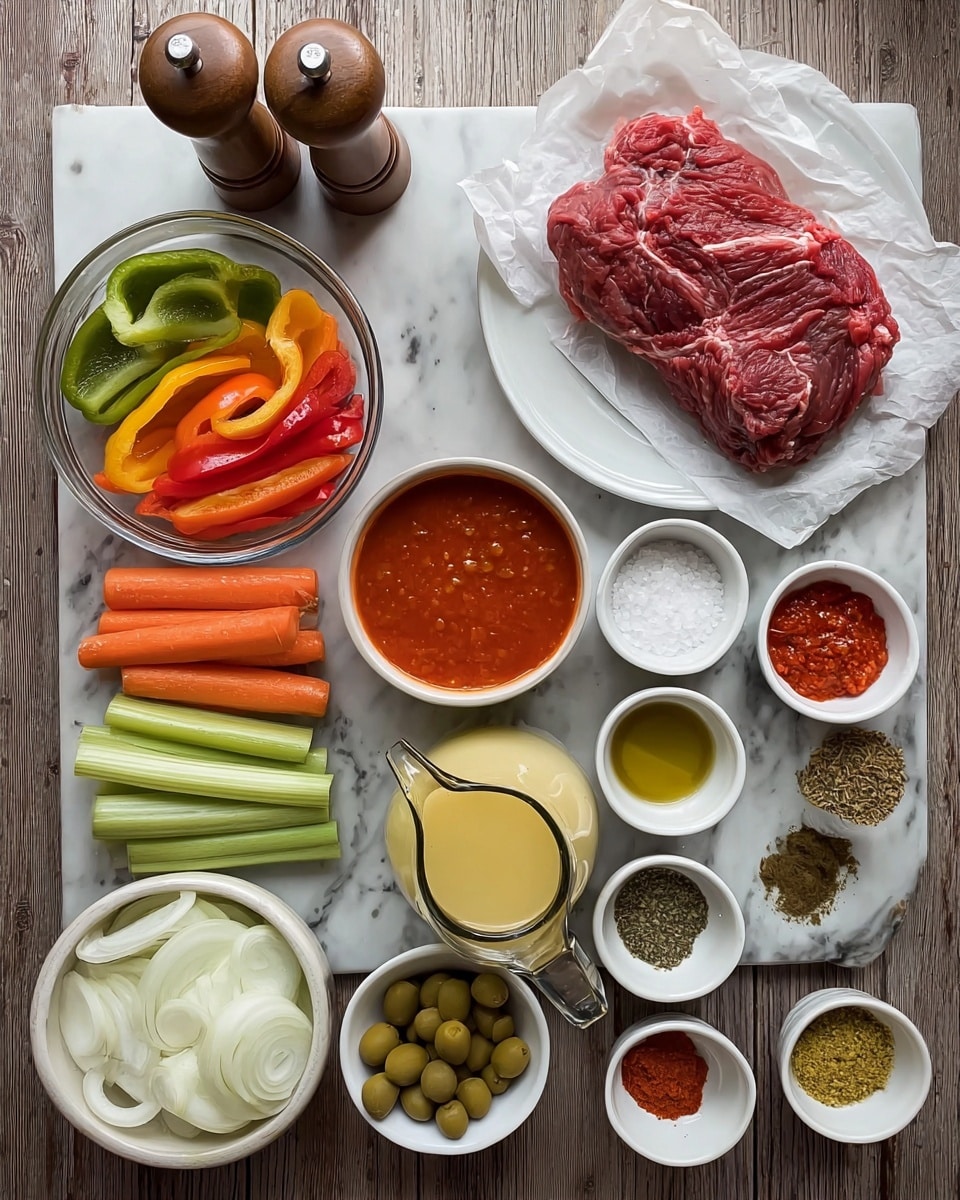 The image shows a top view of various ingredients neatly arranged for cooking on a white marbled surface. At the top right, there is a raw piece of red meat with visible fat, placed on white paper on a white plate. Below it is a white bowl filled with thick red sauce. To its left, a clear glass bowl holds sliced bell peppers in three colors: green, orange, and red, lined in layers from left to right. Below the peppers, a white bowl contains thick sliced white onions. Near the bottom, a white bowl holds celery sticks and whole carrots. In the center, there is a glass jug filled with a pale yellow liquid, probably broth. Smaller white bowls and dishes hold various spices arranged in layers of different colors, green olives, tomato paste, and whole green peppercorns. Two wooden salt and pepper shakers and some garlic cloves are placed at the top left. The wood grain of the table is visible around the bowls but should be imagined as white marbled. photo taken with an iphone --ar 4:5 --v 7