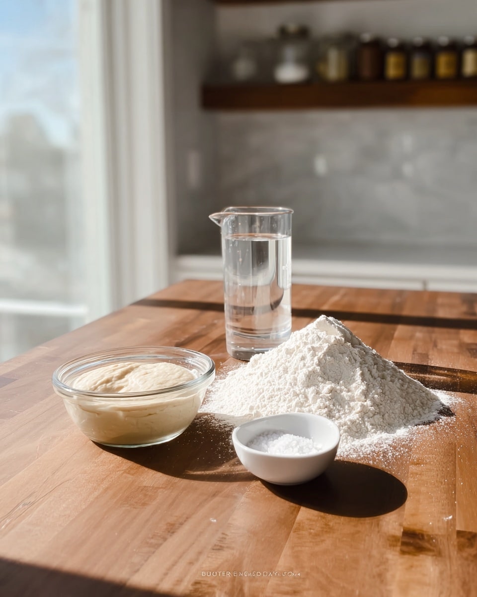 A wooden table holds four baking ingredients arranged side by side. On the left, a small clear glass bowl contains light beige yeast mixture with a visible smooth texture, next to a large mound of fine, white flour powder in the center. Behind the flour, there is a clear glass measuring cup filled with water, showing a slight reflection of light. On the right, a small white bowl holds fine white salt. The background is softly blurred, revealing a white marbled surface and kitchen shelves with jars, and sunlight streams in from a window to the left, casting shadows across the table. photo taken with an iphone --ar 4:5 --v 7
