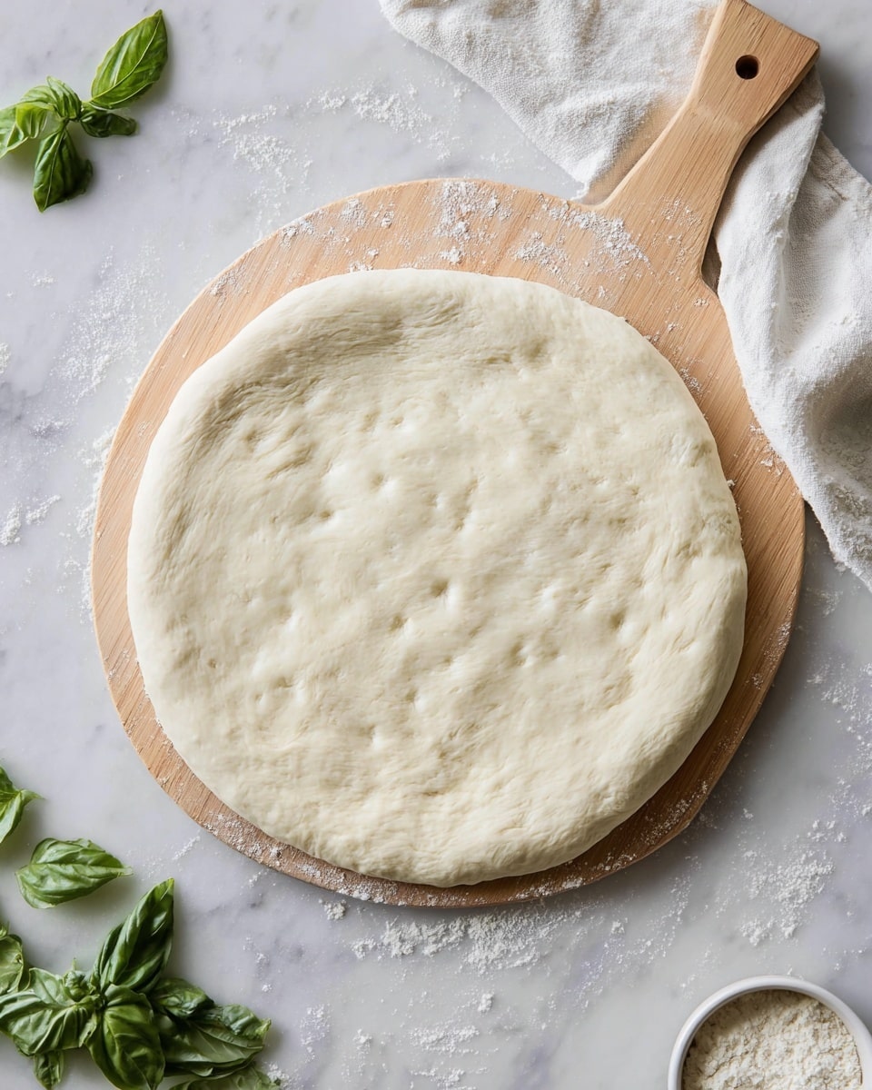 A round pizza dough is stretched out on a light wooden pizza paddle, showing a smooth texture with small uneven bubbles scattered across the pale surface, bordered by a slightly raised, thicker edge. The paddle rests on a white marbled surface sprinkled with a little flour, surrounded by a few fresh green basil leaves and a small white bowl filled with flour at the bottom right corner. A soft white cloth is casually placed on the top right of the paddle handle. photo taken with an iphone --ar 4:5 --v 7