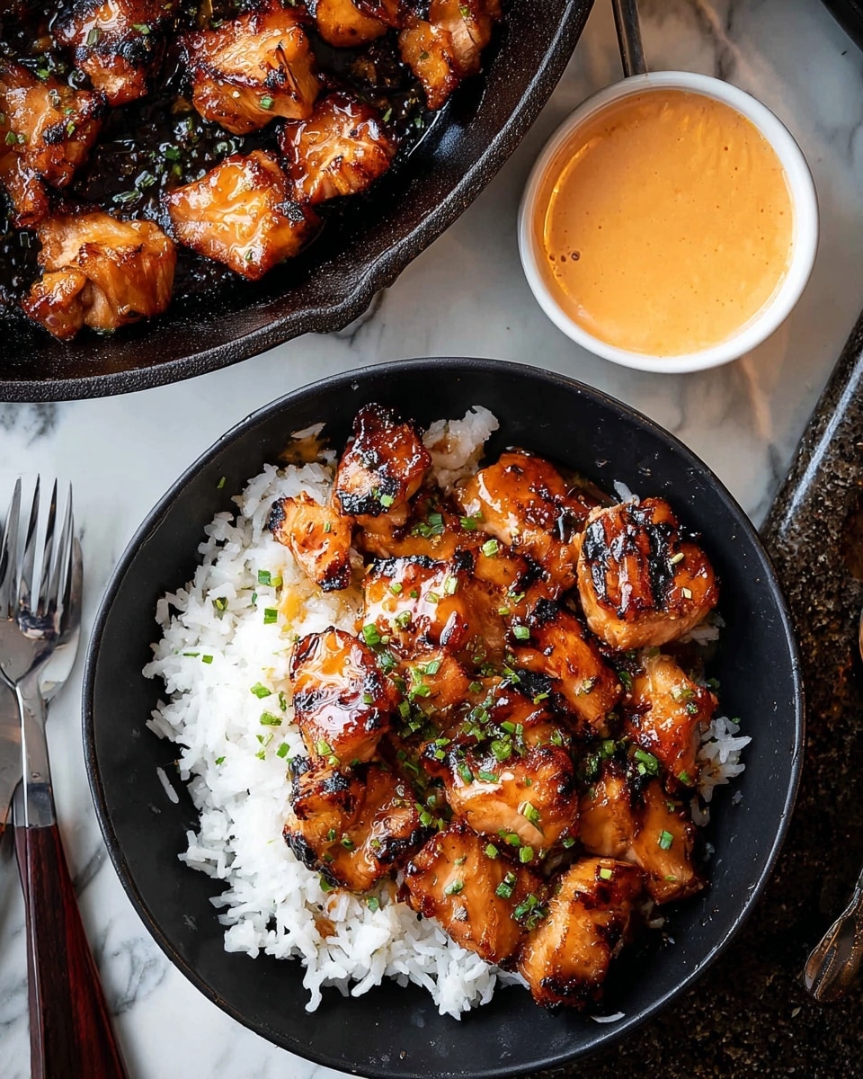 The image shows a black round bowl filled with a base layer of fluffy white rice spread evenly, topped with a layer of glossy, browned pieces of grilled chicken glazed with a shiny sauce and sprinkled with small green herbs. To the upper right of the bowl, there is a small white dish with a creamy orange dipping sauce. In the upper left corner, part of a black cast iron pan with more glazed chicken pieces is visible. All items are placed on a white marbled surface, with a fork and knife set nearby on the left side. photo taken with an iphone --ar 4:5 --v 7