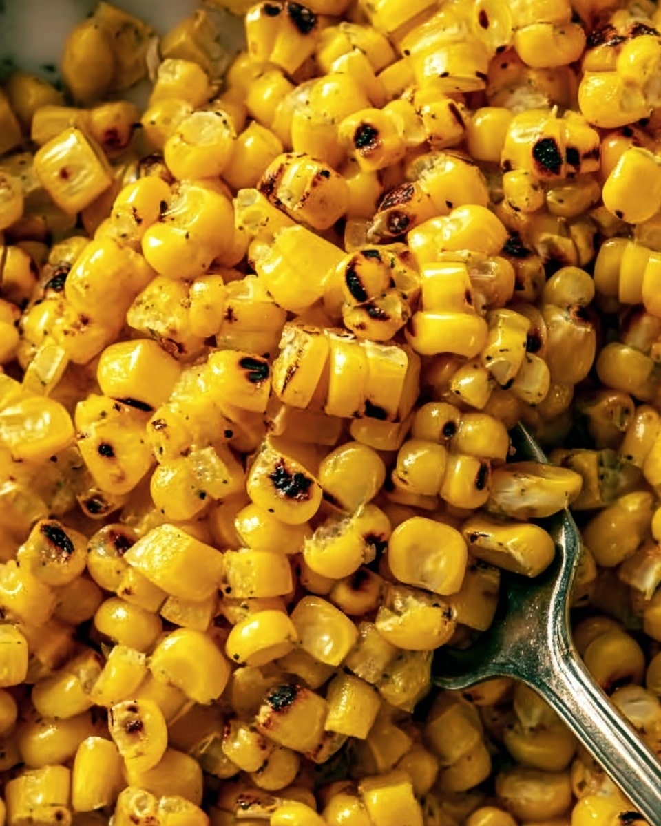 The image shows a close-up of a large pile of bright yellow corn kernels with some black char marks on many pieces, giving a grilled or roasted look. The kernels are plump and shiny, closely packed together with a metal fork partially visible on the right side, slightly inserted into the corn. The corn covers the entire frame, with no visible layers or other ingredients. The background is a white marbled texture. photo taken with an iphone --ar 4:5 --v 7