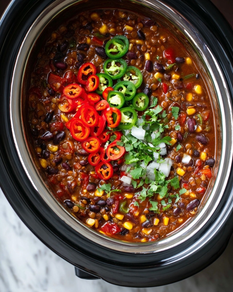 A close-up view of a slow cooker filled with a colorful chili made of black beans, corn kernels, and red lentils mixed with a rich brown sauce base. On top, there are three layers of garnishes: sliced red chili rings to the left, chopped red and green bell peppers mixed with white onion pieces in the center, and green jalapeño slices along with chopped cilantro on the right. The slow cooker has a shiny silver and black rim and is placed on a white marbled surface. Photo taken with an iphone --ar 4:5 --v 7