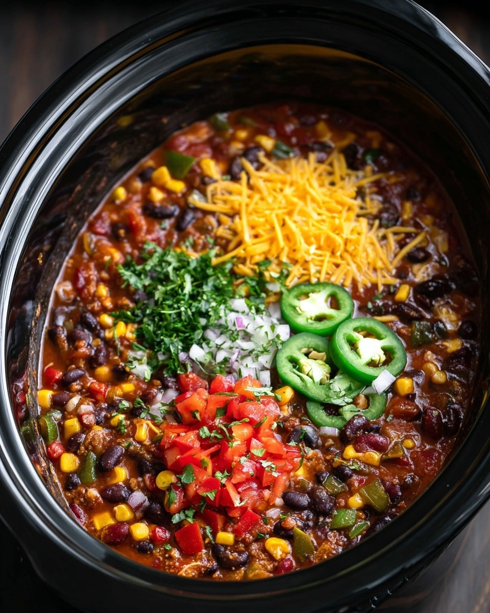 A round white bowl filled with a thick stew showing four clear layers on top: shredded orange cheddar cheese on the left, finely chopped red and green bell peppers with white onions and cilantro in the middle, and crushed yellow tortilla chips on the right, all over a dark brown bean and corn stew base that fills the bowl fully; the bowl is placed on a white marbled surface with slices of lime and green bell peppers on the left, and some curled yellow tortilla chips on the right, fresh cilantro in the background, photo taken with an iphone --ar 4:5 --v 7