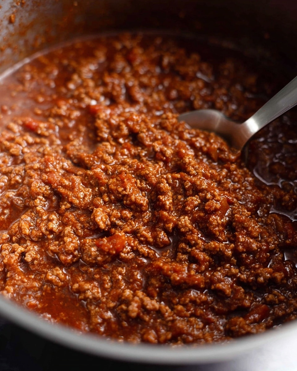 This image shows a close-up of a pot filled with thick, cooked ground meat sauce. The sauce is dark reddish-brown with small, crumbly pieces of meat mixed with bits of tomato and sauce that looks rich and moist. There is a metal spoon partially submerged in the sauce on the right side of the pot, reflecting light slightly. The inside of the pot is dark, contrasting with the shiny metal rim. The photo is focused on the texture of the sauce, showing small grains and a chunky, hearty look. photo taken with an iphone --ar 4:5 --v 7