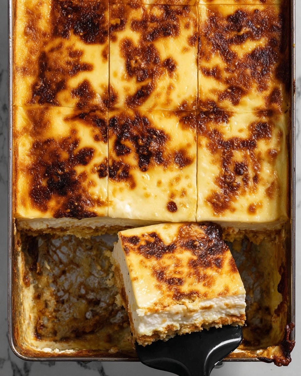 The image shows a rectangular baked dish with a golden-brown top layer, marked by uneven dark brown spots giving it a toasted look. The dish has been cut into square pieces, with one piece lifted by a black spatula, revealing a thick middle layer with a slightly crumbly texture beneath the browned top. The top layer appears creamy and smooth with a slightly browned crust on the edges. The dish is placed in a metal pan that shows some browned juices and bits leftover from baking. The background surface is a white marbled texture photo taken with an iphone --ar 4:5 --v 7