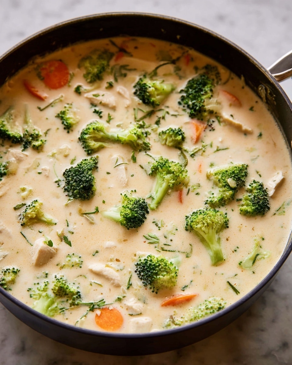 The image shows a pot filled with a creamy light beige soup that has a smooth texture. Inside the soup are bright green broccoli florets and small round slices of orange carrot, scattered evenly throughout. There are also small chunks of white meat mixed in with the vegetables. Tiny bits of green herbs float on the surface, adding some color contrast to the creamy base. The pot’s edge is visible, with the soup close to the rim, and the setting sits on a white marbled texture. photo taken with an iphone --ar 4:5 --v 7