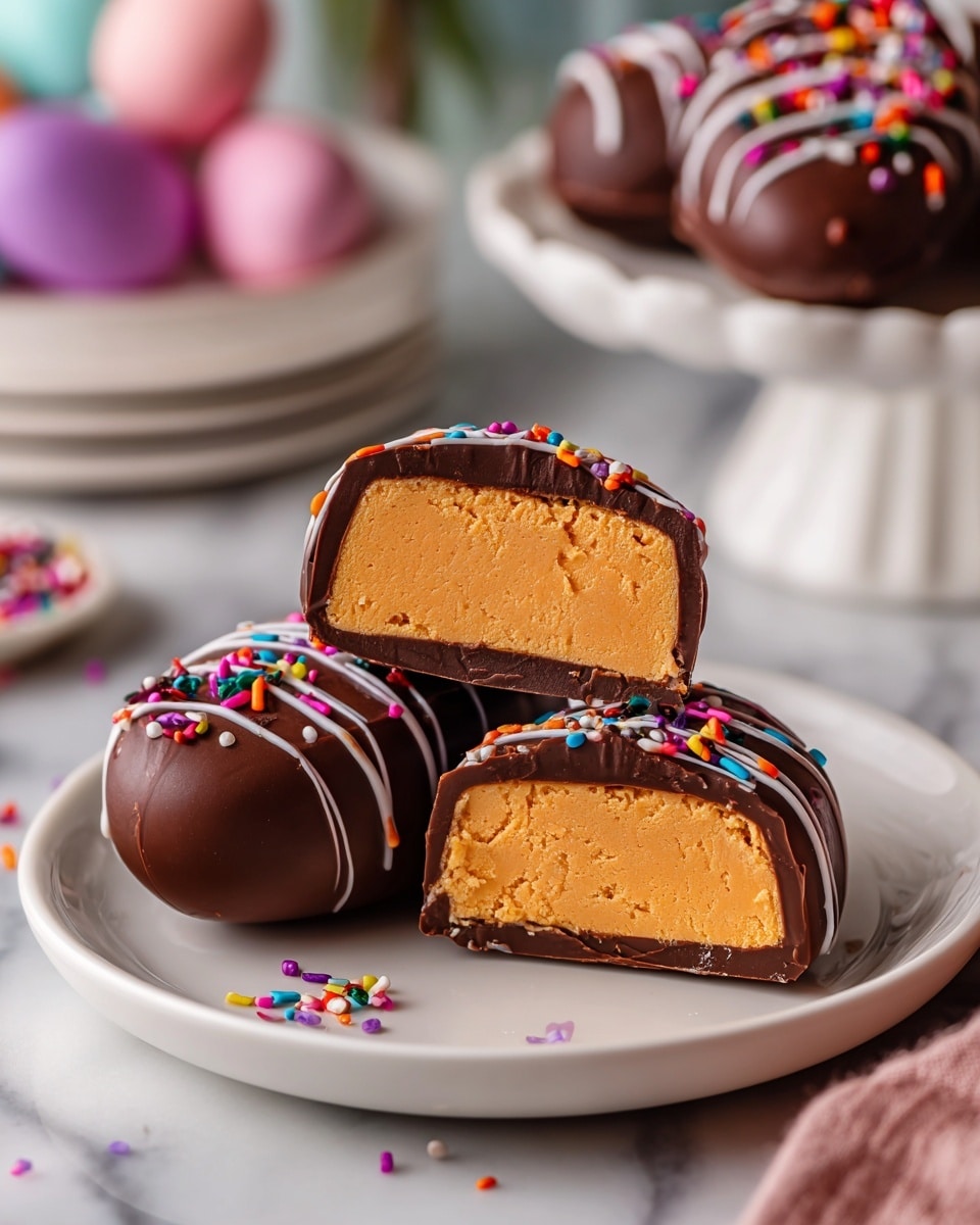 The image shows a close-up of a chocolate-covered peanut butter egg on a white plate with a white marbled surface in the background. The egg is decorated with colorful sprinkles and thin lines of dark chocolate on top. One egg is whole, while another is cut in half and placed on top, revealing three layers: a smooth, light orange peanut butter center, a thin dark chocolate layer surrounding the filling, and a thicker dark chocolate outer shell. The background also contains more decorated chocolate eggs blurred softly in white dishes. Photo taken with an iphone --ar 4:5 --v 7