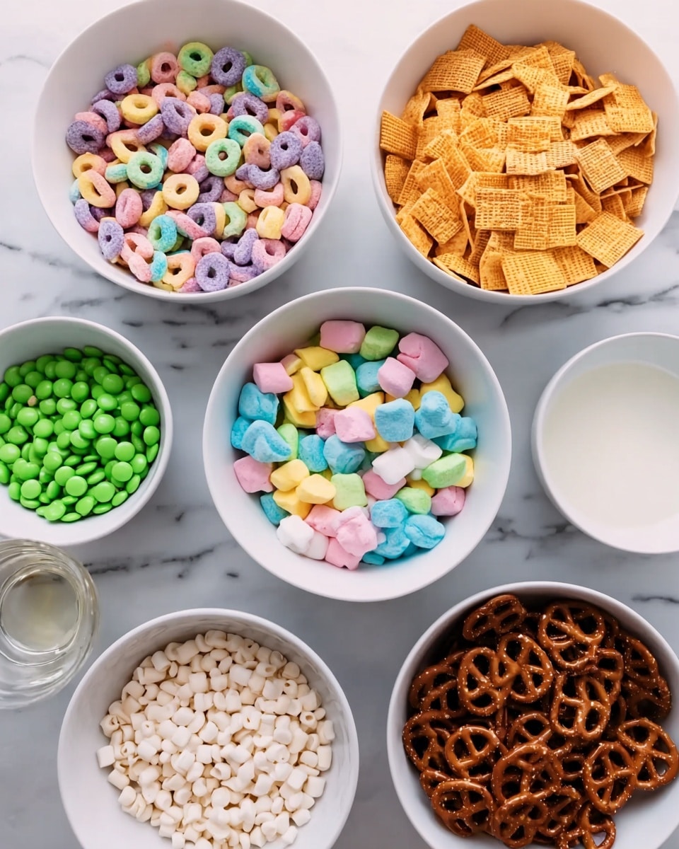 The image shows six white bowls arranged on a white marbled surface. Starting from the top left, there's a bowl filled with colorful circular cereal pieces, mostly in pastel shades of pink, purple, and yellow, mixed with small marshmallows. To its right, there is a bowl full of orange square cereal pieces with a grid pattern. Below that, a bowl contains bright green candy-coated chocolates. At the center, a bowl holds small, colorful marshmallow shapes in various pastel colors including pink, blue, yellow, and green. Bottom left shows a bowl filled with small white chocolate drops, smooth and round. Bottom right has a bowl with dark brown pretzel pieces, twisted and crunchy looking. To the left of the center bowl, a small white bowl with clear liquid is visible. The scene is simple and bright, with each bowl's contents clearly defined and colorful photo taken with an iphone --ar 4:5 --v 7