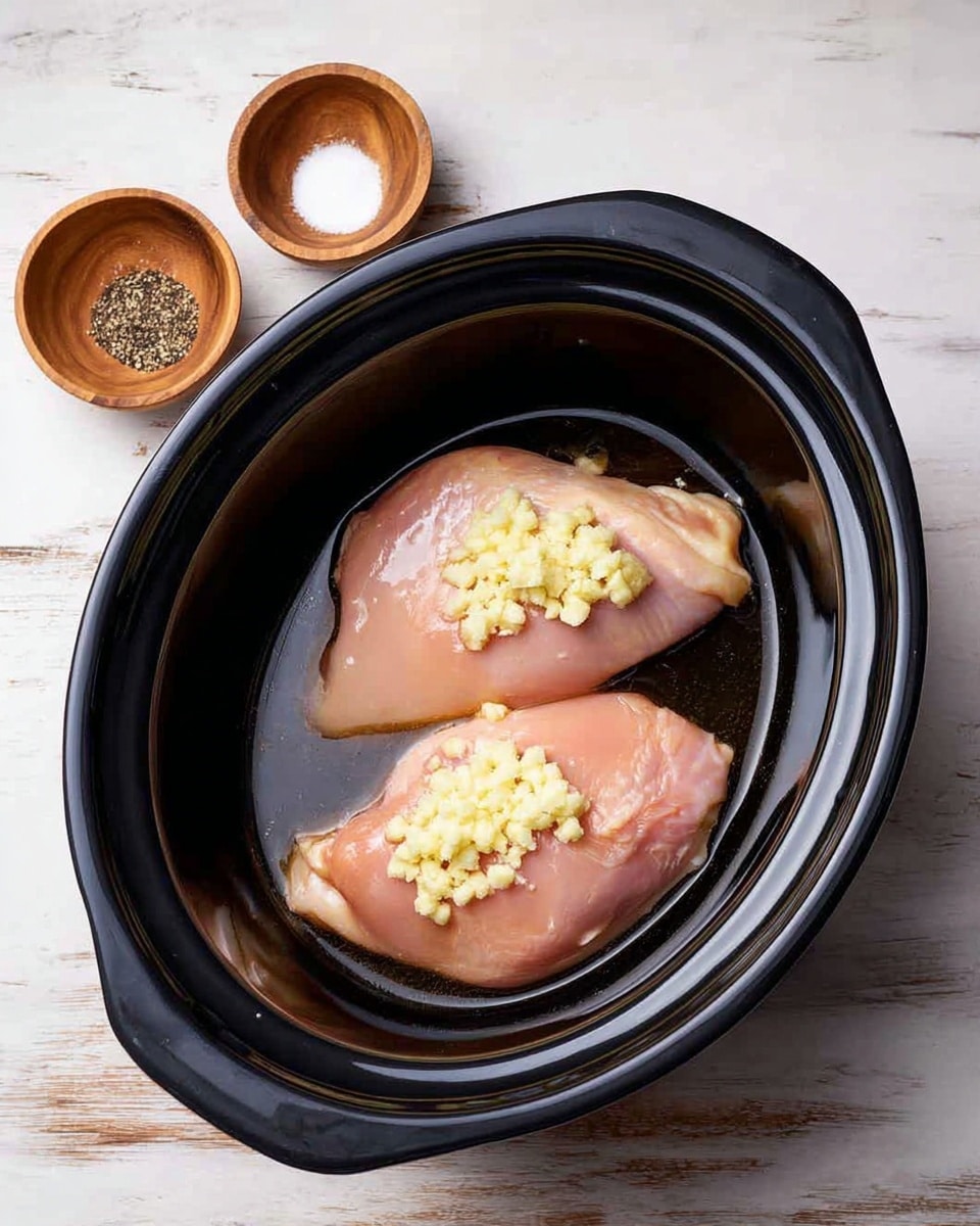 Two raw chicken pieces are placed inside a black round slow cooker, each topped with a small pile of minced garlic. The chicken is light pink and glossy, sitting in a thin layer of dark liquid at the bottom of the cooker. Next to the cooker, two small round wooden bowls hold salt and ground black pepper. The background is a white marbled texture. Photo taken with an iphone --ar 4:5 --v 7