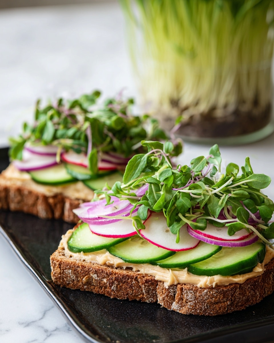 Two open-faced sandwiches lie on a white marbled surface on a long, black plate. Each sandwich has three layers: the base layer is a thick slice of brown bread with a rough texture; on it spreads a creamy beige layer of hummus; next, thin slices of bright green cucumber and rings of red onion are evenly placed side by side; the top layer is made of fresh leafy arugula with deep green color and round slices of radish, white in the middle with pink edges, scattered on top. In the background, there is a container with green sprouts standing upright. photo taken with an iphone --ar 4:5 --v 7