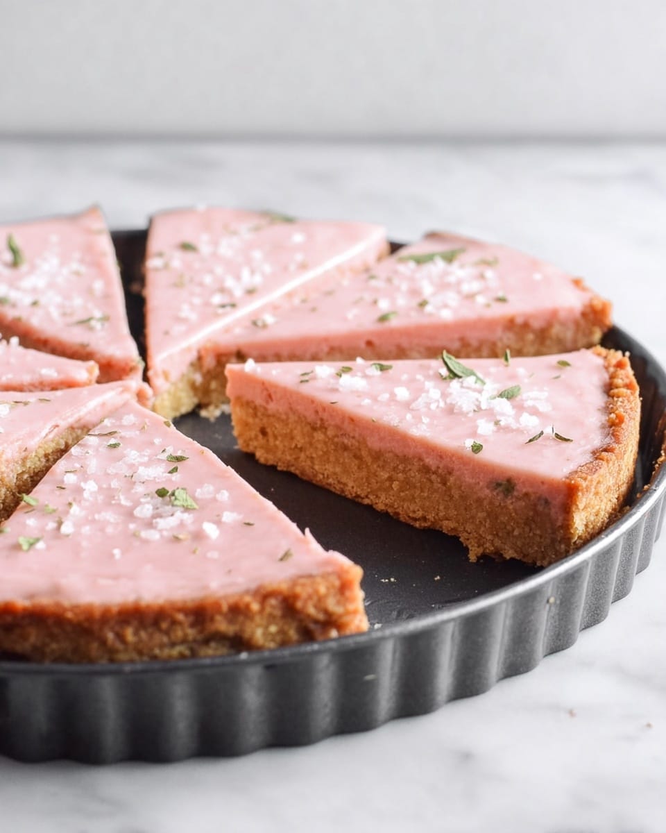 The image shows a round tart with eight slices, one slice slightly pulled out to the left. The tart has two layers: a thick, crumbly, golden-brown crust at the bottom and a smooth, light pink frosting on top. The pink frosting is sprinkled with coarse white sugar crystals evenly spread across the top, and some slices have small green herb leaves for decoration. The tart sits on a dark fluted metal tart pan, placed on a white marbled surface, with a plain white background. Photo taken with an iphone --ar 4:5 --v 7