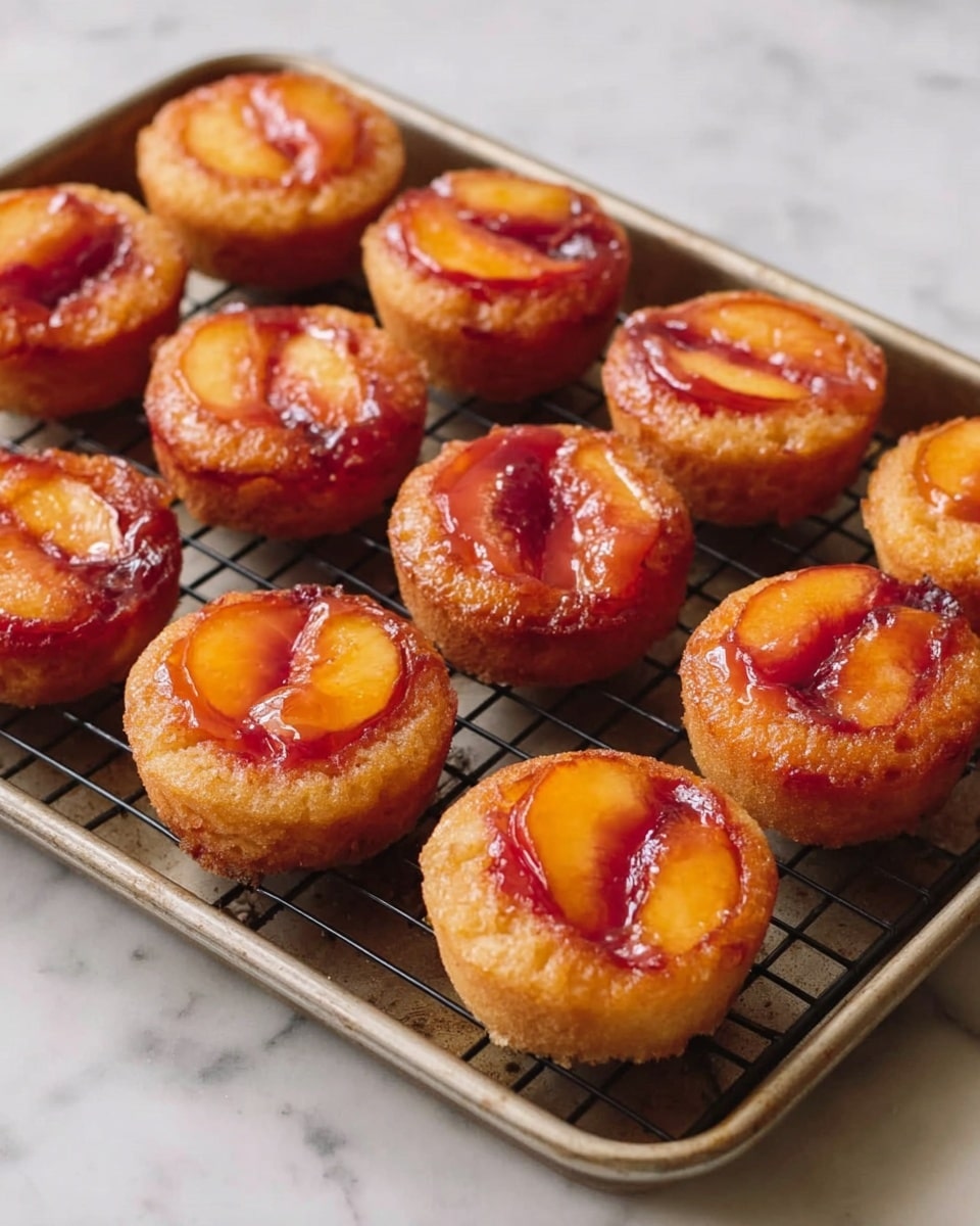 The image shows a metal baking tray with eleven small round cakes placed on a black wire cooling rack. Each cake has a golden-brown base layer that is slightly textured and risen, topped with a smooth glossy layer of peach-colored fruit with reddish streaks, giving a juicy look. The fruit layer appears soft and slightly caramelized, sitting flat but slightly pressed into the cake, creating a natural, uneven circular pattern. The tray sits on a white marbled surface. photo taken with an iphone --ar 4:5 --v 7