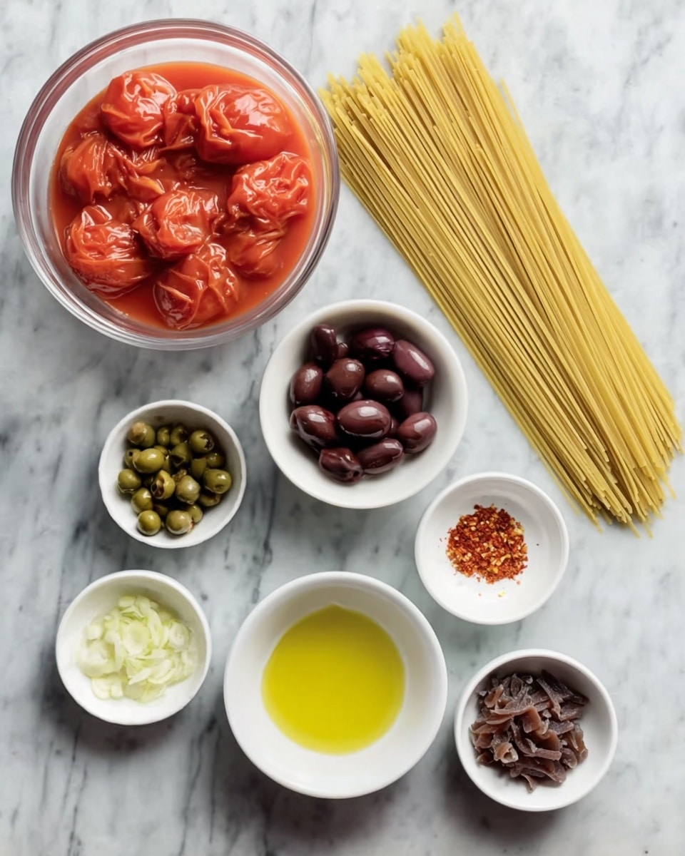 A white marbled surface holds seven small white bowls and one small white plate, each containing different ingredients. One large clear glass bowl on the top left contains bright red whole peeled tomatoes in sauce. To the right of the tomatoes is a neat bundle of uncooked spaghetti laid flat. Below the tomatoes, from left to right, are small white bowls with green capers, dark purple sliced olives, finely minced garlic, yellow olive oil, red pepper flakes, and dark brown anchovy pieces. The arrangement is simple and clean, showing a variety of colors and textures against the white marbled surface photo taken with an iphone --ar 4:5 --v 7