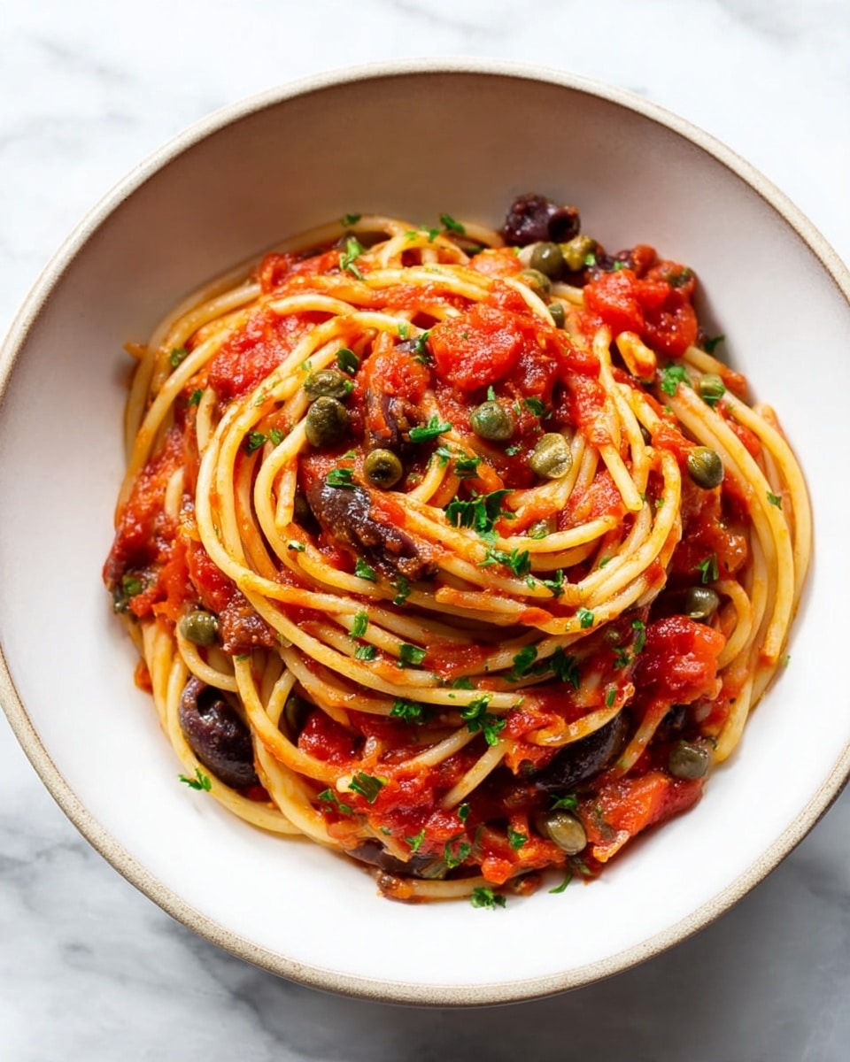 A white bowl holds a serving of spaghetti mixed well with bright red tomato sauce. The sauce is thick and chunky, covering the long, pale yellow noodles evenly. Scattered throughout the pasta are dark brown olives and small green capers, adding texture and color. The dish is garnished with small green parsley pieces, spread over the top and sides. The bowl sits on a clean white marbled surface. photo taken with an iphone --ar 4:5 --v 7