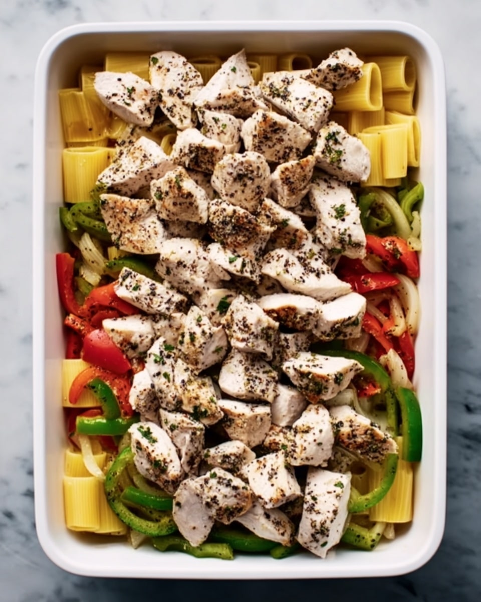 A white rectangular baking dish holds a layered meal starting with a base of yellow pasta tubes at the bottom, topped with sliced green and red bell peppers mixed with cooked onions. On the top layer, there are many pieces of cooked white meat seasoned with black pepper and herbs, scattered evenly over the vegetables. The background is a white marbled surface. photo taken with an iphone --ar 4:5 --v 7