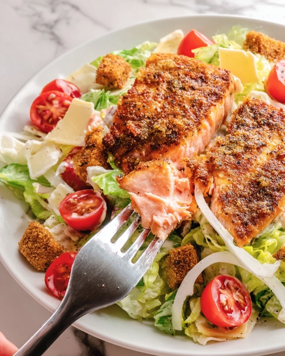 A white plate holds a fresh salad topped with grilled, crispy salmon that has a golden-brown, seasoned crust. The first layer is green lettuce with creamy dressing, scattered with round, sliced cherry tomatoes and thin white onion rings. On top of the lettuce, there are light yellow cheese slices and crispy golden croutons. The salmon is placed over the salad, and a woman’s hand holds a metal fork that breaks the salmon, showing the soft, pink inside. The background shows a white marbled surface. photo taken with an iphone --ar 4:5 --v 7