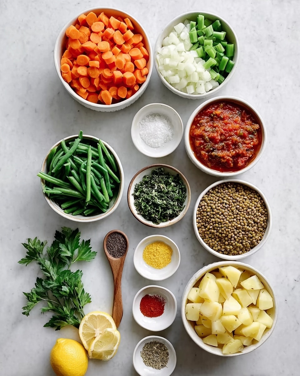 Nine small white bowls arranged neatly on a white marbled surface hold different fresh ingredients: one bowl contains chopped orange carrots, white onions, and green celery placed side by side; another has bright red crushed tomatoes with herbs; one is filled with diced light yellow potatoes, and another with light brown lentils in the center; one bowl holds fresh green beans, while another contains fresh dark green spinach leaves; a small bowl has finely minced garlic, and another holds four different spices including red, yellow, and white powders; below the bowls are two lemon halves and a small bunch of curly parsley placed near a small wooden spoon with a dark paste. photo taken with an iphone --ar 4:5 --v 7