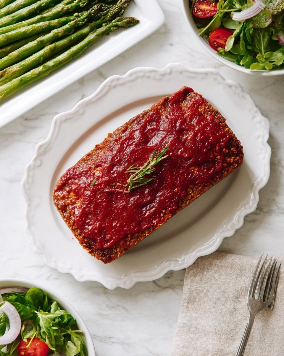 A rectangular loaf with a thick, dark red sauce layer covers the top, showing a textured surface with some visible bits of ingredients underneath. A small green herb twig lies diagonally on top of the sauce. The loaf rests on a white, scalloped-edge plate. To the upper left, a white rectangular plate holds a neat bunch of bright green steamed asparagus spears. At the lower right corner, a white bowl contains a mixed fresh green salad with red cherry tomatoes and sliced white onions, all set on a white marbled surface. A metal fork next to a folded beige napkin is partly visible at the bottom edge. photo taken with an iphone --ar 4:5 --v 7
