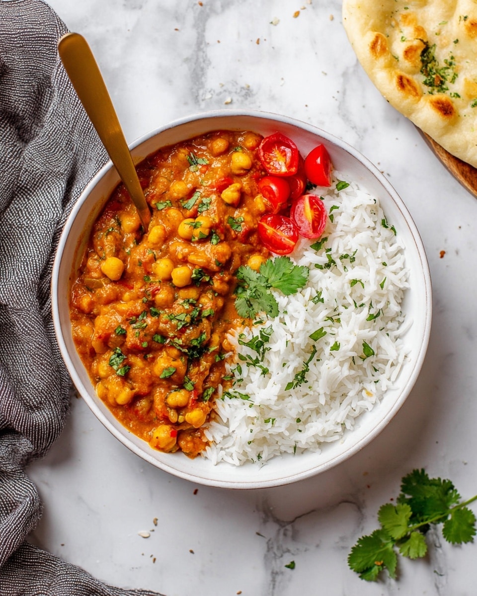 A large white pot filled with thick orange curry that has visible layers of chickpeas, orange-red tomato pieces, and small soft yellow and green vegetable bits throughout, with a wooden spoon resting in the curry towards the right side. In the upper right corner, a white bowl with a rough texture holds a mound of plain white rice, and near the top center there is a small white bowl with sliced cherry tomatoes. To the left, there is a bunch of fresh green cilantro on the white marbled surface, and a folded beige cloth with black stripes is placed at the bottom of the image photo taken with an iphone --ar 4:5 --v 7