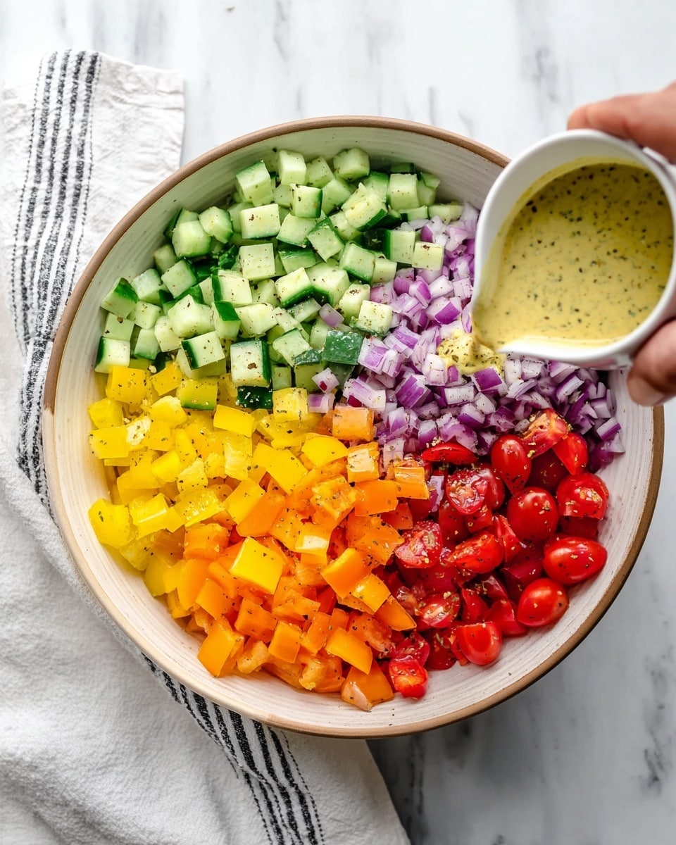 A large bowl with five layers of fresh chopped vegetables arranged in separate sections: bright green cucumber pieces with a fresh texture in the top right, small diced purple onion pieces below them on the right, halved red grape tomatoes with a shiny surface at the bottom right, diced orange bell peppers in the bottom left, and diced yellow bell peppers in the top left; a woman's hand holding a small white cup pouring a creamy light mustard-yellow dressing with visible herbs and black pepper specks over the vegetables; the bowl sits on a white marbled surface with a white cloth with thin gray lines under it photo taken with an iphone --ar 4:5 --v 7