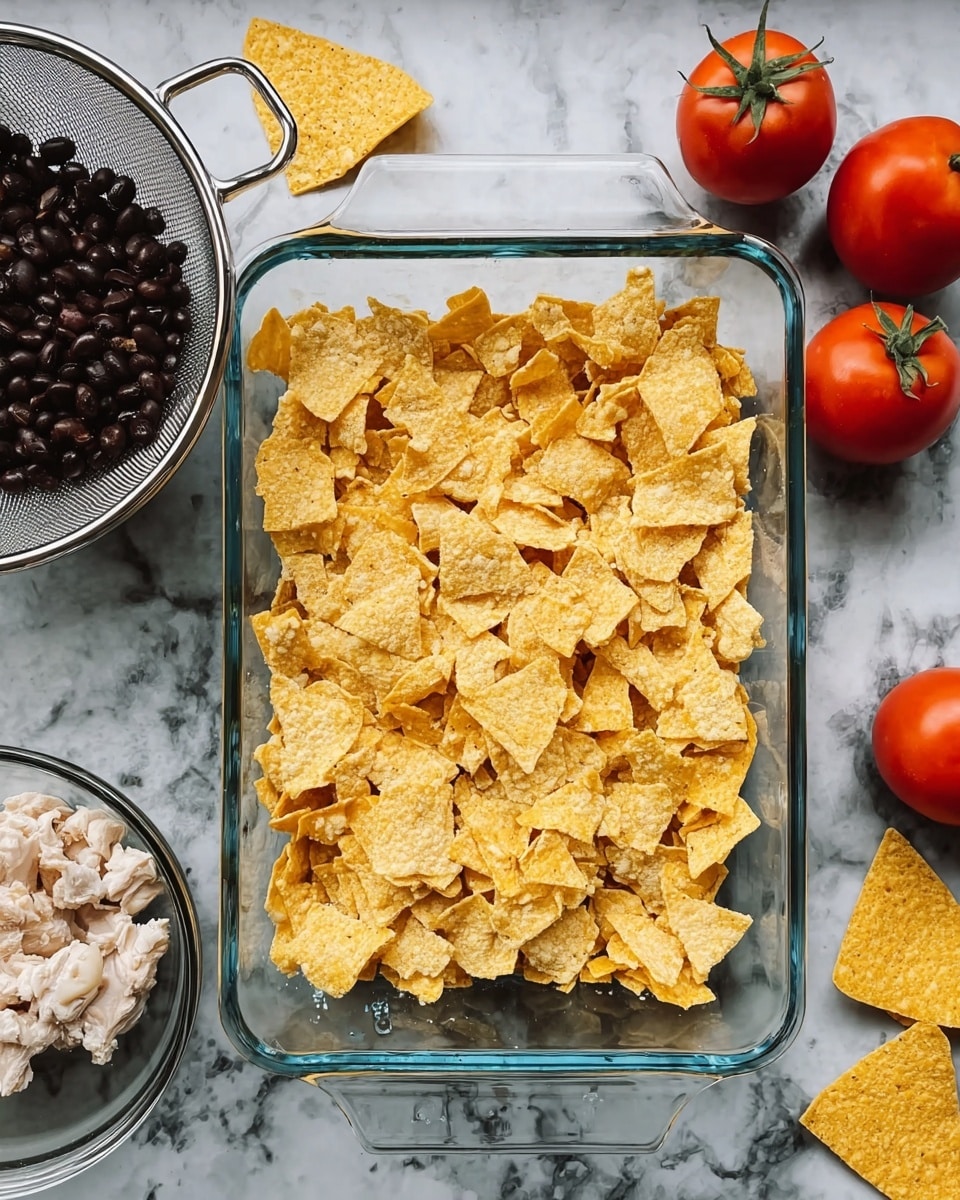 A clear glass baking dish sits on a white marbled surface, filled with uneven pieces of broken yellow corn tortilla chips scattered at the bottom. Above the dish, there are two whole red tomatoes with green stems on the right side, and a quarter of a yellow tortilla chip placed near them. To the left, a metal colander filled with dark black beans and a clear glass bowl containing small chunks of cooked white chicken are visible, all arranged on the white marbled surface. photo taken with an iphone --ar 4:5 --v 7