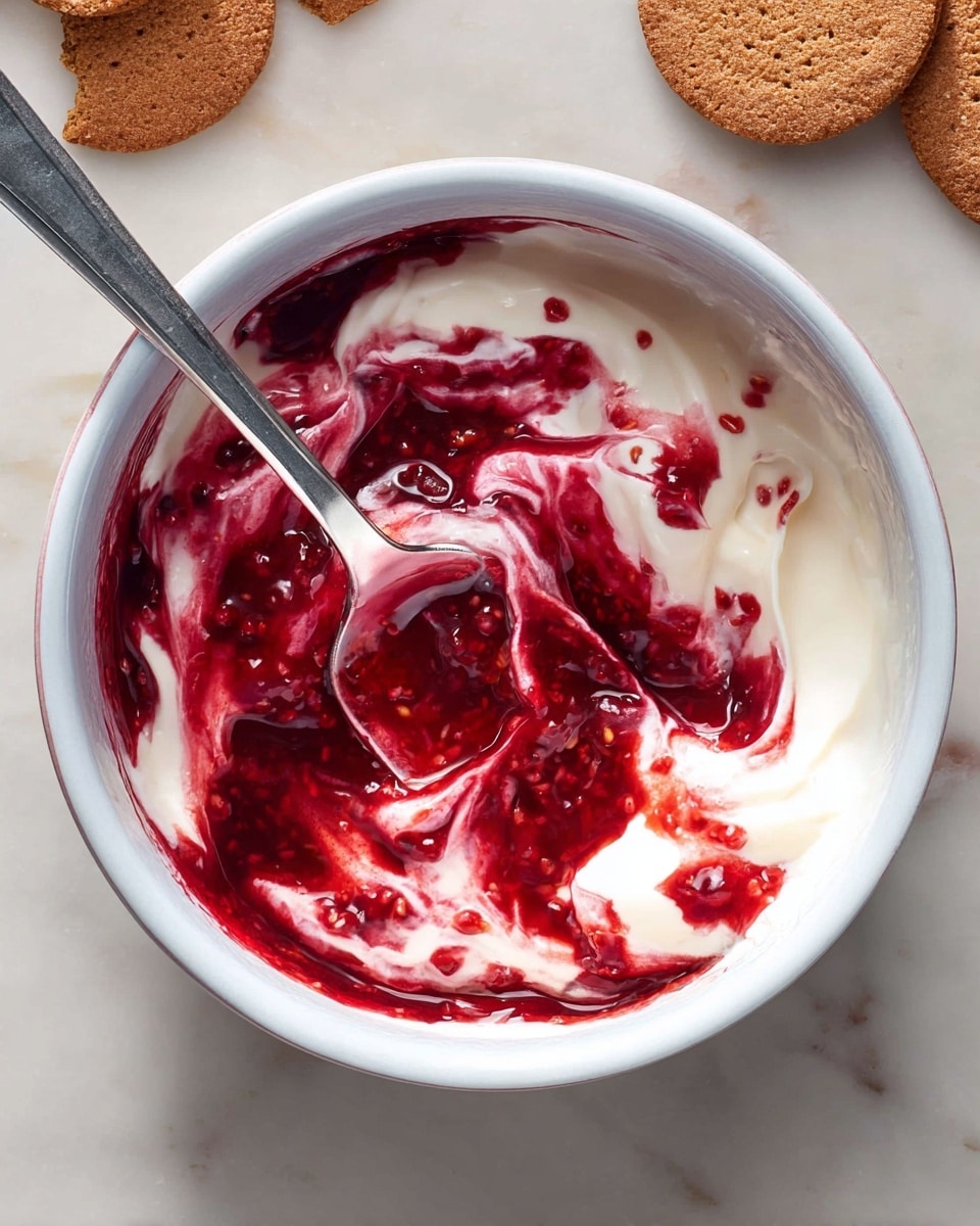 A white bowl filled with two main layers: the bottom layer is creamy white yogurt, and spread partially on top and swirled through it is a thick, glossy red raspberry sauce with visible small seeds and chunks of fruit, creating a marbled pattern. A silver spoon rests inside the bowl, partially dipped in the mix with red sauce coating it. The bowl is set on a white marbled surface, with a couple of brown biscuit cookies placed nearby. Photo taken with an iphone --ar 4:5 --v 7