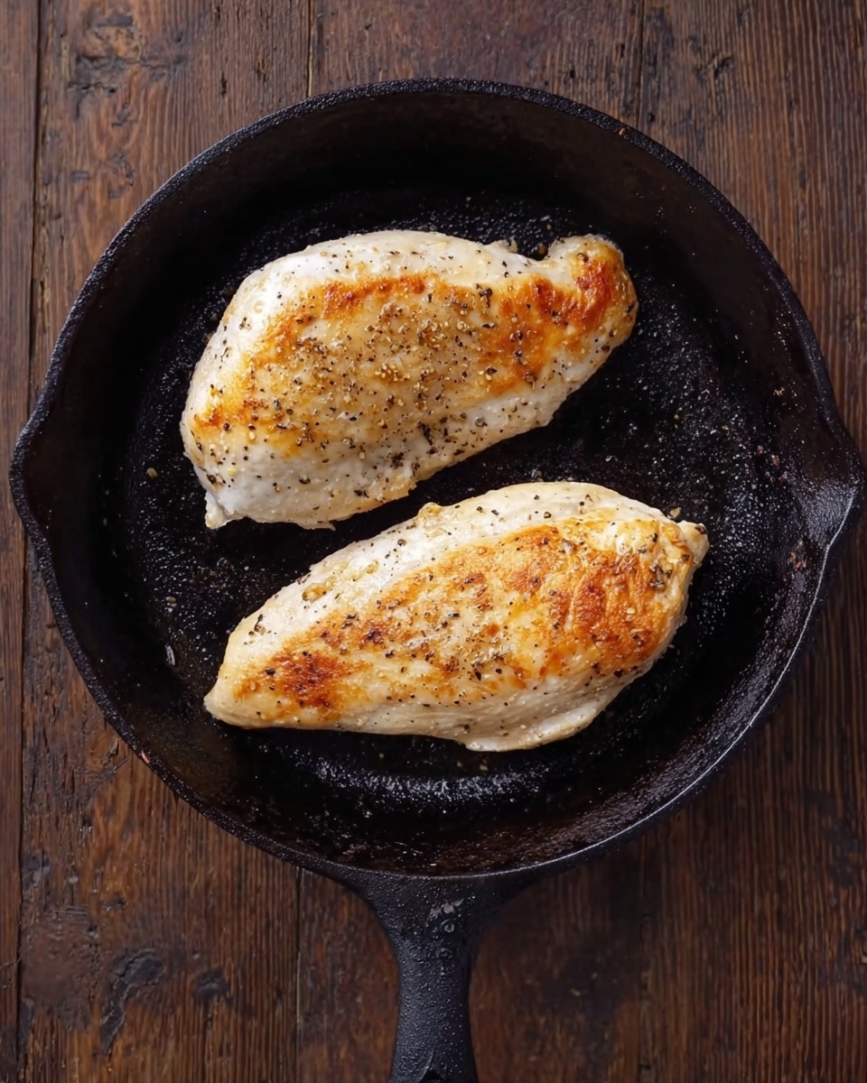 A black cast iron pan with two cooked chicken pieces inside, placed on a dark brown wooden surface. The chicken pieces are white with golden-brown browned spots and sprinkled lightly with black pepper, showing a crispy texture on the top. The pan has a smooth inside and a slightly raised edge with a handle extending out to the right. The photo is taken from above, showing the full pan and some of the wooden surface around it. photo taken with an iphone --ar 4:5 --v 7