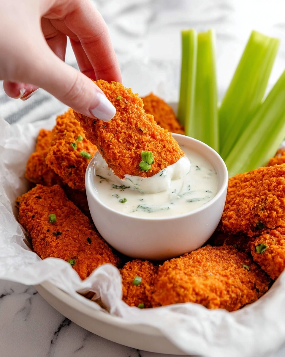 A close-up view shows a woman's hand holding an orange, crispy chicken nugget with small green herb pieces on it, dipping into a smooth white sauce with green herb bits in a white bowl. Surrounding the bowl are multiple similar orange chicken nuggets, and to the right, several fresh, green celery sticks stand upright. All items rest on white parchment paper inside a white dish, placed on a white marbled surface. photo taken with an iphone --ar 4:5 --v 7