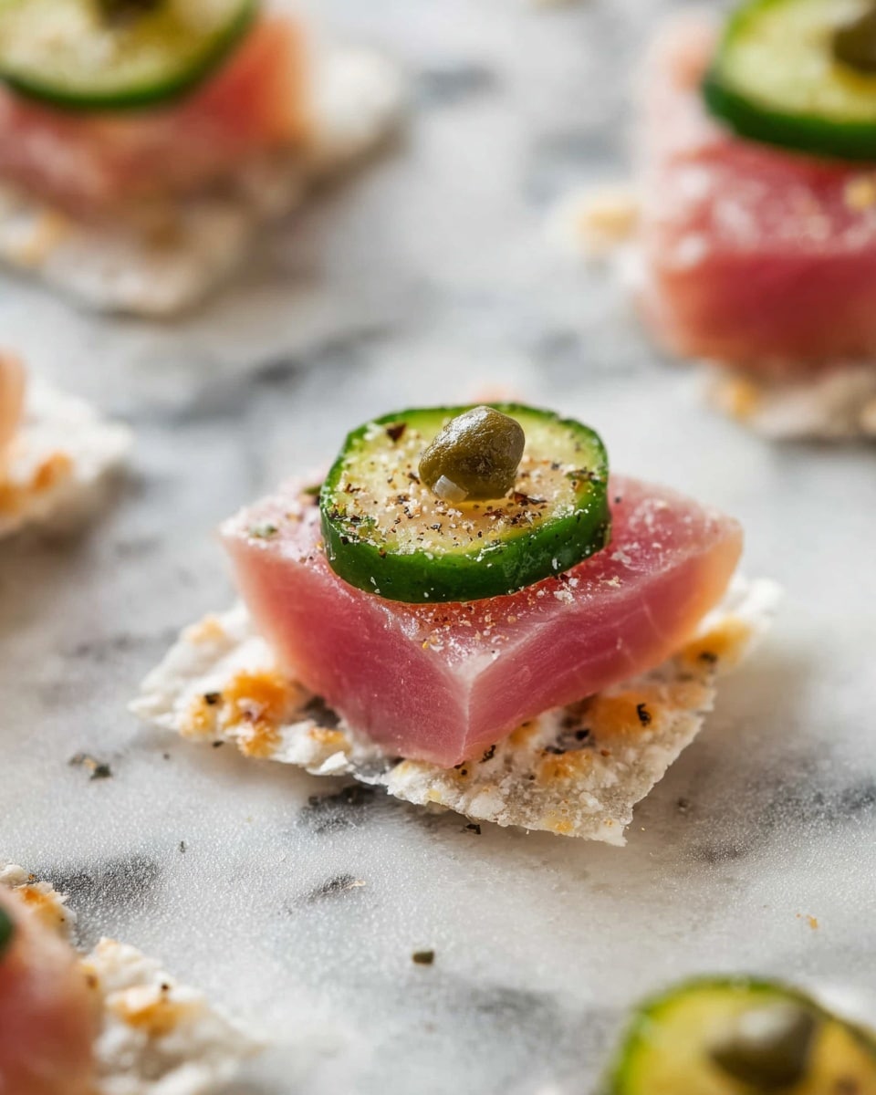 The image shows small appetizer bites arranged on a white marbled surface. Each bite has a base layer of a thin, crispy rice cracker that is light and airy with a bubbly texture. On top of this cracker lies a square piece of pink raw fish that looks smooth and slightly shiny. The fish is topped with a thin, round slice of green cucumber that has small seeds and a slightly wet texture. Next to the cucumber slice, there is a small green caper. The cucumber and fish are sprinkled with some coarse black pepper and tiny bits of what looks like sea salt or sesame seeds. The focus is on one piece in the center, with the others softly blurred in the background. Photo taken with an iphone --ar 4:5 --v 7