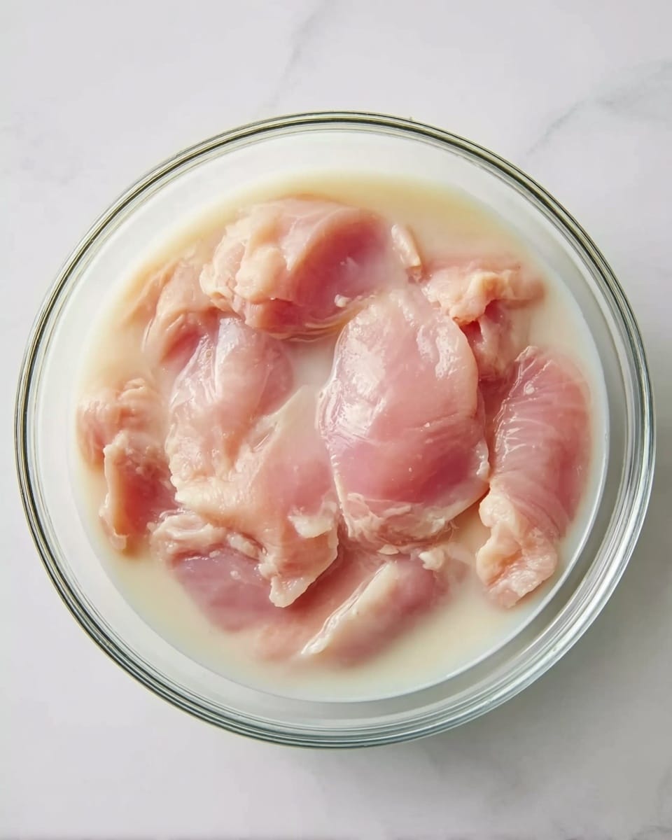 The image shows a clear glass bowl filled with raw, pink chicken pieces soaking in a milky white liquid. The chicken pieces are smoothly textured and spread evenly inside the bowl, mostly submerged in the liquid. The bowl sits on a white marbled surface, giving a clean and bright background to the scene. photo taken with an iphone --ar 4:5 --v 7