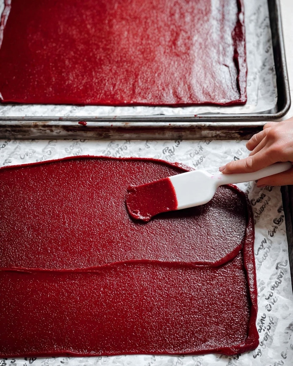 A close-up image shows a thick, smooth layer of deep red fruit leather being spread evenly on a flat surface covered with parchment paper that has some text on it. The fruit leather layer appears shiny and slightly textured, with a woman's hand using a flat spatula with a white handle to spread it out. Above this, there is another flat tray with a similar layer of the same red fruit leather, which is smoother and rectangular. The surface underneath is a white marbled texture. photo taken with an iphone --ar 4:5 --v 7