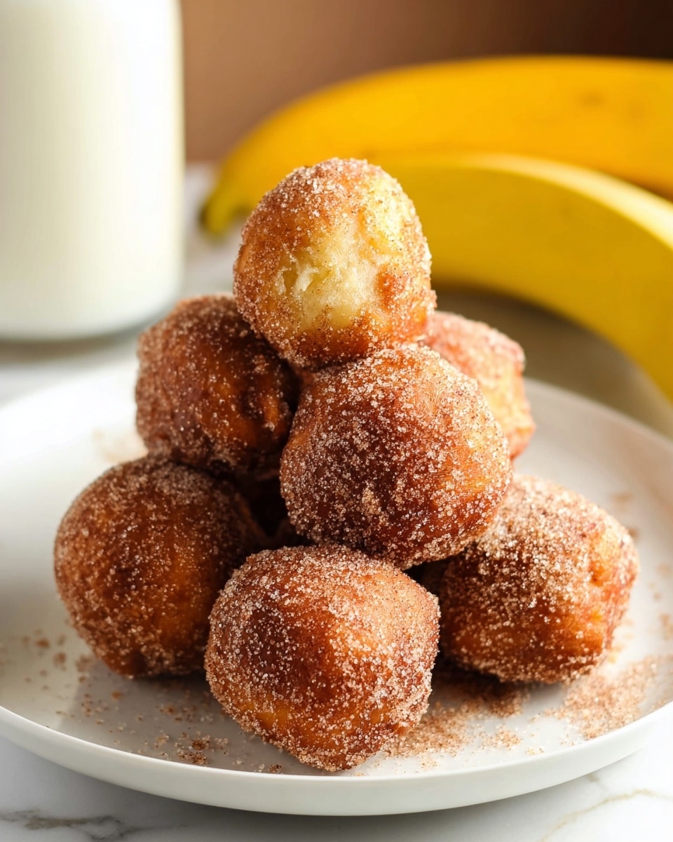 A white plate holds several round donut holes covered in a rough layer of cinnamon sugar, giving them a grainy, light brown coating. One donut hole is broken in half, showing a soft, fluffy, light yellow inside with a slightly airy texture. The donuts have a golden brown outside with irregular shapes and a slightly crispy look. The plate sits on a white marbled surface with a yellow cloth and two cinnamon sticks nearby, and a blurred bunch of bananas and a glass jar in the background. Photo taken with an iphone --ar 4:5 --v 7