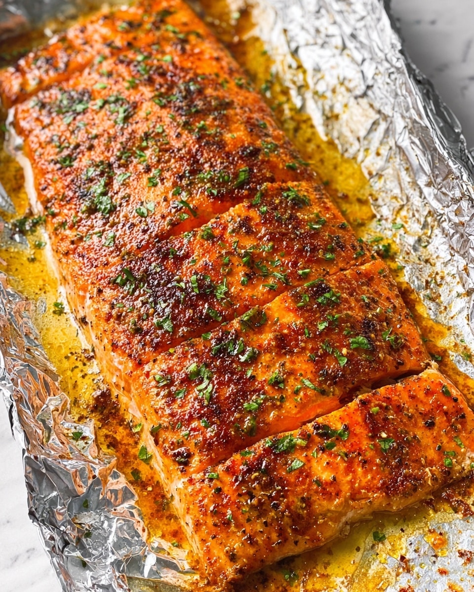 The image shows a large piece of cooked salmon resting on a bed of crinkled aluminum foil on a white marbled surface. The salmon has a rich orange color with a slightly crispy, browned top layer covered in herbs and spices, adding specks of green and black. The fish is cut into several sections, revealing its tender, flaky texture underneath the browned crust. Small bits of chopped green herbs are sprinkled evenly across the surface, enhancing the visual appeal. The foil has some pools of golden oil and seasoning around the edges. photo taken with an iphone --ar 4:5 --v 7