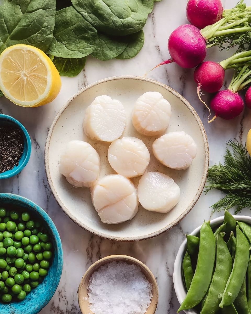 The image shows a round white plate in the center filled with seven large, smooth, pale white scallops arranged close together. Around the plate on a white marbled textured surface, there are fresh green spinach leaves on the upper left, a halved lemon with bright yellow flesh on the far left, a small blue bowl with black peppercorns on the left side, a white bowl filled with green frozen peas near the top center, bunches of bright pink and purple radishes with green stems at the upper right, and a white bowl filled with fresh green snap peas on the right side. Near the bottom right, there is a small round bowl with white coarse salt. The whole scene looks fresh and natural. photo taken with an iphone --ar 4:5 --v 7