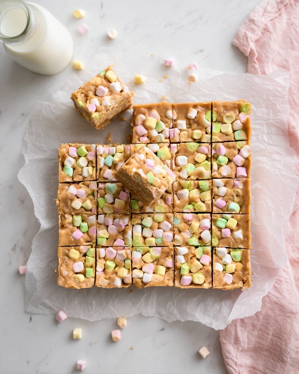 A square tray of 16 small bars with a light brown, smooth caramel-like base mixed with colorful mini marshmallows in pastel tones of yellow, green, pink, and white evenly spread throughout. One bar is lifted slightly above the others, showing the thick, chewy texture and marshmallows inside. The tray rests on crumpled white parchment paper placed on a white marbled surface. Some marshmallows are scattered around the tray. A pink cloth is at the top right corner, and a glass bottle of milk is visible at the top left. Photo taken with an iphone --ar 4:5 --v 7