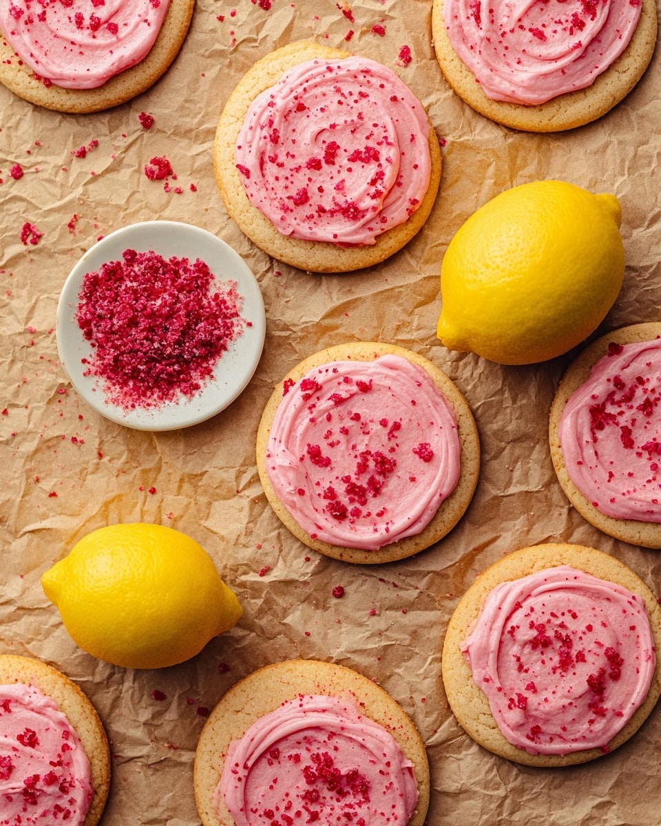 The image shows eight round cookies with a light brown color base and a thick layer of smooth pink frosting swirled on top, sprinkled with crushed red bits. They are arranged on crumpled brown parchment paper. In the center, there is a small white plate with a pile of crushed red crumbs, matching the sprinkles on the cookies. Two whole yellow lemons are placed diagonally opposite on the parchment paper, adding bright color. The photo is taken from above, showing a neat and bright setup. photo taken with an iphone --ar 4:5 --v 7