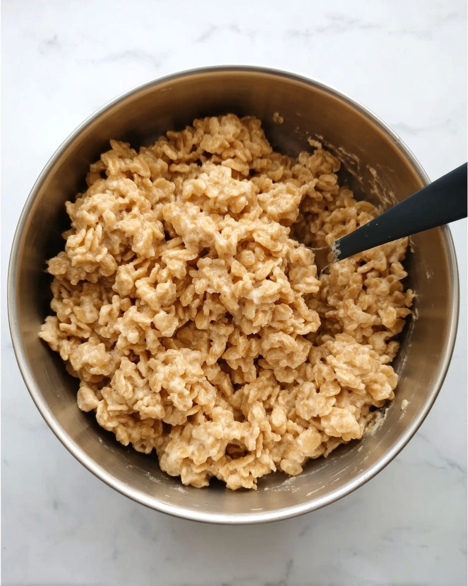 A top-down view of a metal bowl filled with a mixture of light brown crispy rice cereal bound together with a sticky, creamy substance. The cereal pieces are clustered tightly together, showing a rough and bumpy texture. On the right side inside the bowl is a black spoon partially buried in the mixture. The bowl sits on a white marbled surface. photo taken with an iphone --ar 4:5 --v 7