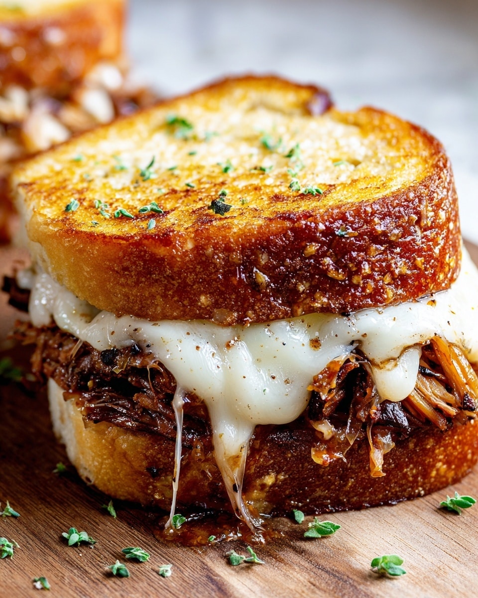 The image shows a close-up of a grilled sandwich with three visible layers: the top layer is a golden-brown toasted white bread slice with a crispy texture and small green herb sprinkles; the middle layer has melted creamy white cheese dripping over shredded, dark brown cooked meat with a glossy, saucy texture that slightly spills out from the sides; the bottom layer is another slice of toasted white bread with a similar golden color, resting on a wooden surface with small green herb bits scattered around. Photo taken with an iphone --ar 4:5 --v 7