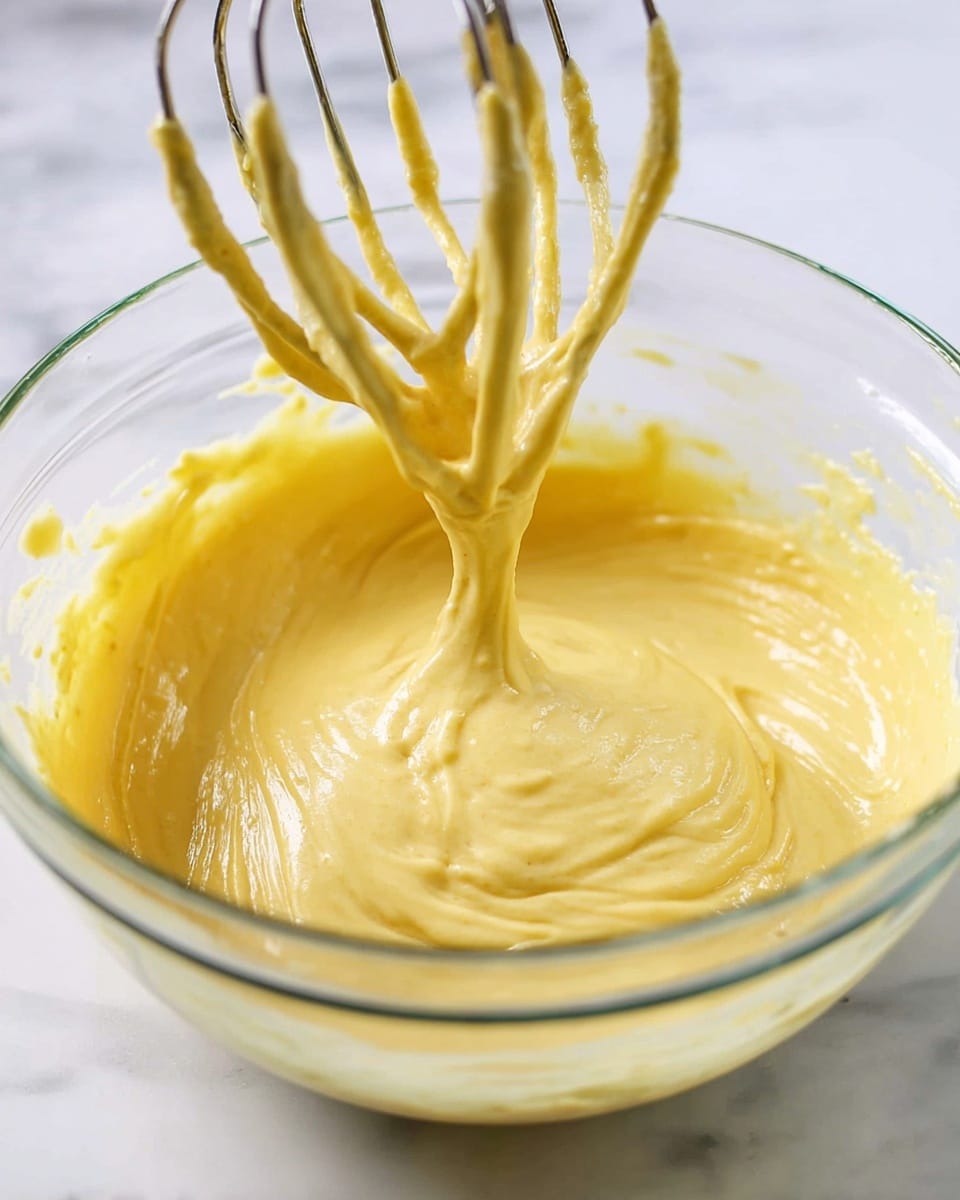 A clear glass bowl filled with smooth, yellow batter. The batter has a creamy texture with some glossy parts, and it is swirling around as it is being mixed by a mixer with two metal beaters that are covered in the same yellow batter. The bowl is on a white marbled surface, and the batter clings softly to the sides of the bowl as it moves. photo taken with an iphone --ar 4:5 --v 7
