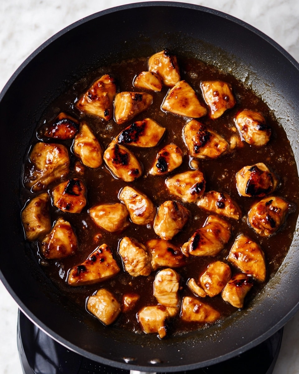 The image shows a black pan filled with pieces of cooked chicken that are golden brown with some charred marks on the surface. The chicken pieces are irregular in shape and size, sitting in a glossy, thick brown sauce that lightly covers the bottom of the pan. The pan rests on a flat surface with a white marbled texture, and the edges of the pan are slightly visible with a matte finish. photo taken with an iphone --ar 4:5 --v 7