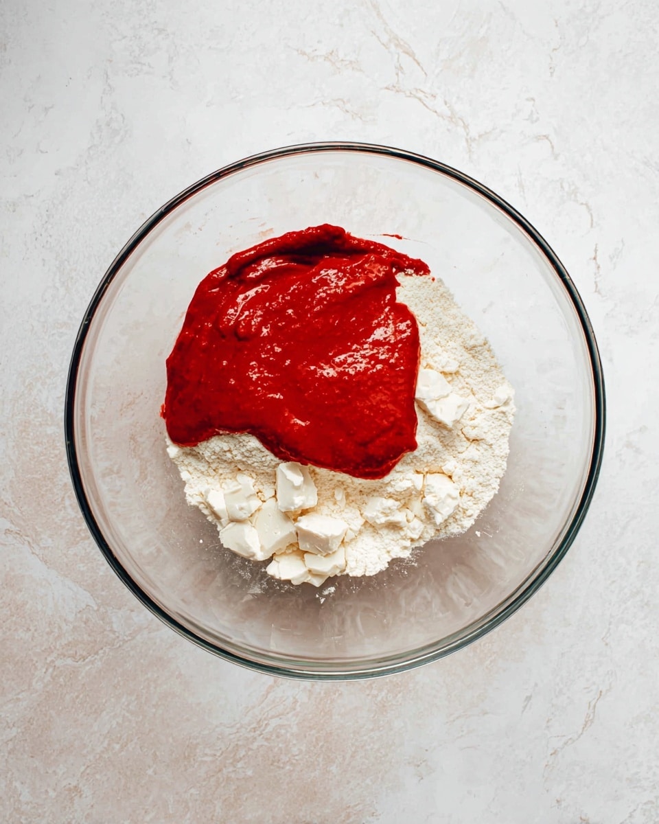 The image shows a clear glass bowl with two layers inside placed on a white marbled surface. The bottom layer consists of white broken pieces that look like chunks of a dry ingredient with a rough texture. On top, there is a smooth, thick bright red sauce or paste spread over one side of the white chunks, creating a strong color contrast between the two layers. The lighting highlights the glossy shine of the red layer and the matte surface of the white chunks. Photo taken with an iphone --ar 4:5 --v 7