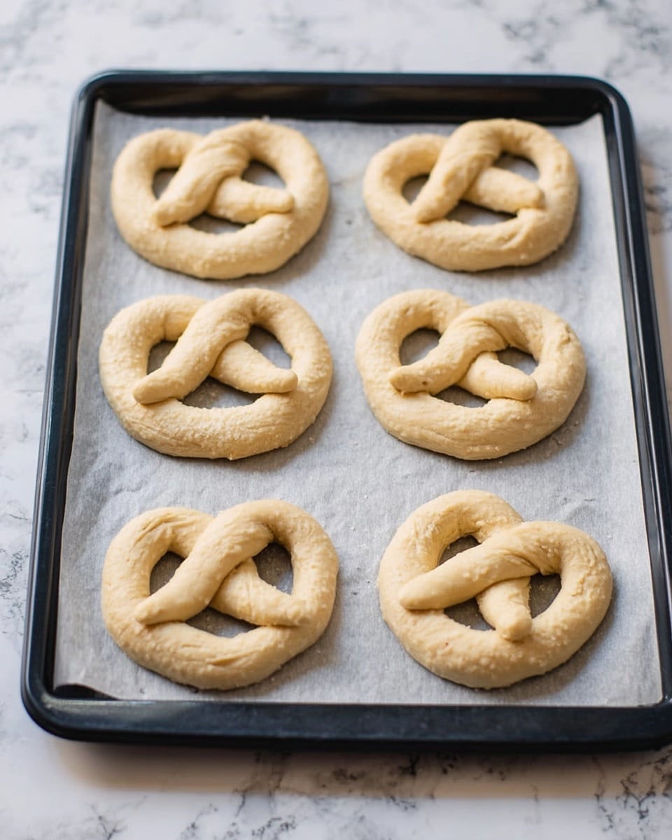 The image shows six raw pretzels on a baking tray lined with white baking paper. Each pretzel has a pale beige dough color with a smooth but slightly uneven texture, shaped into the classic pretzel knot with two arms twisting over a central loop. The baking tray is black and placed on a white marbled surface, with light softly reflecting off the dough and tray edges. The pretzels are spaced evenly and appear ready to bake. photo taken with an iphone --ar 4:5 --v 7